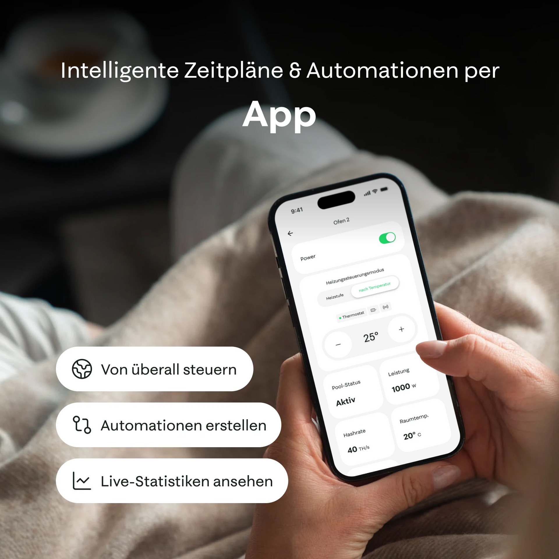 Ofen 2 – Person hält ein Smartphone mit App-Oberfläche in einer gemütlichen Umgebung.