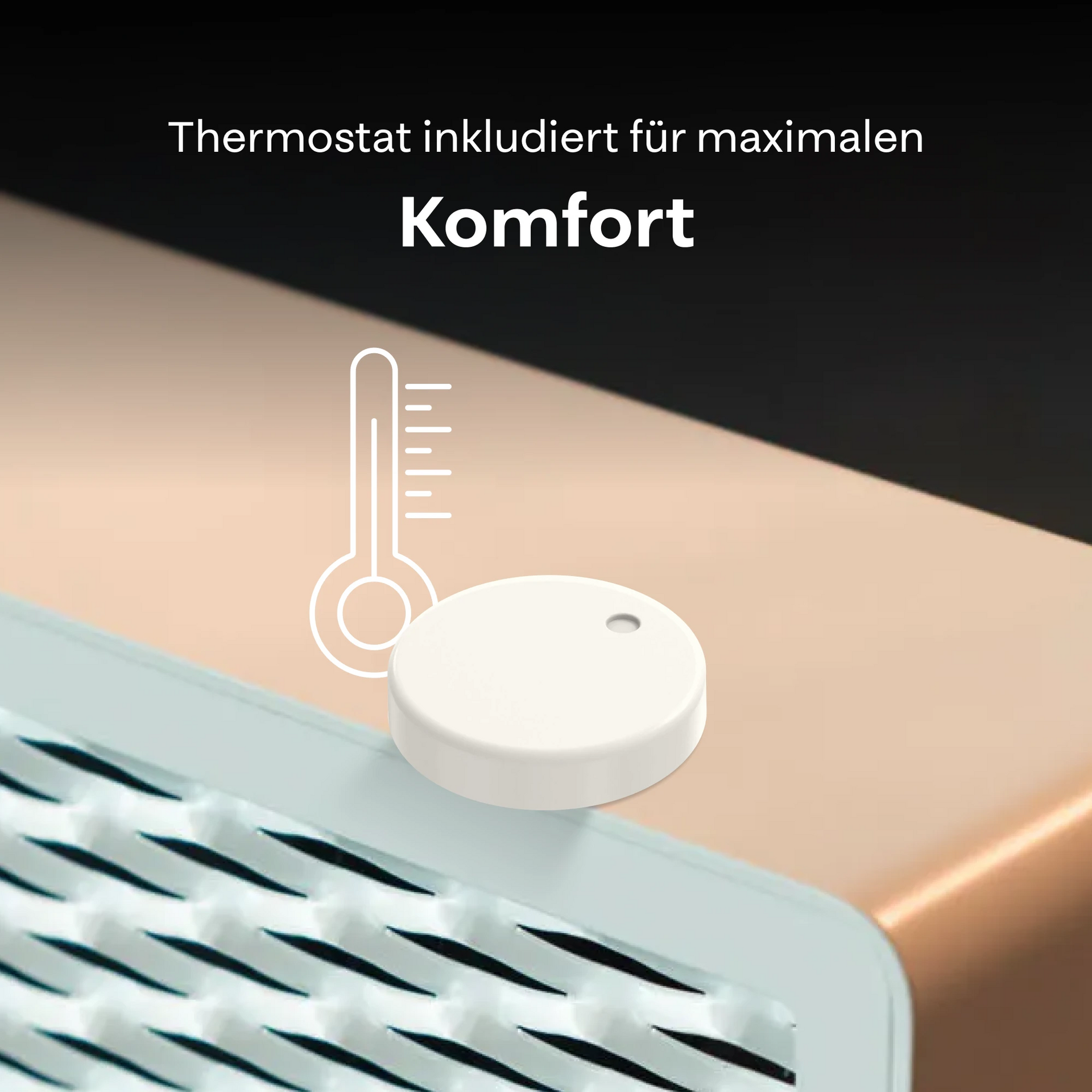 Ofen 2 – mit einem Thermostat und deutschem Text, der anzeigt, dass ein Thermostat für maximalen Komfort enthalten ist.