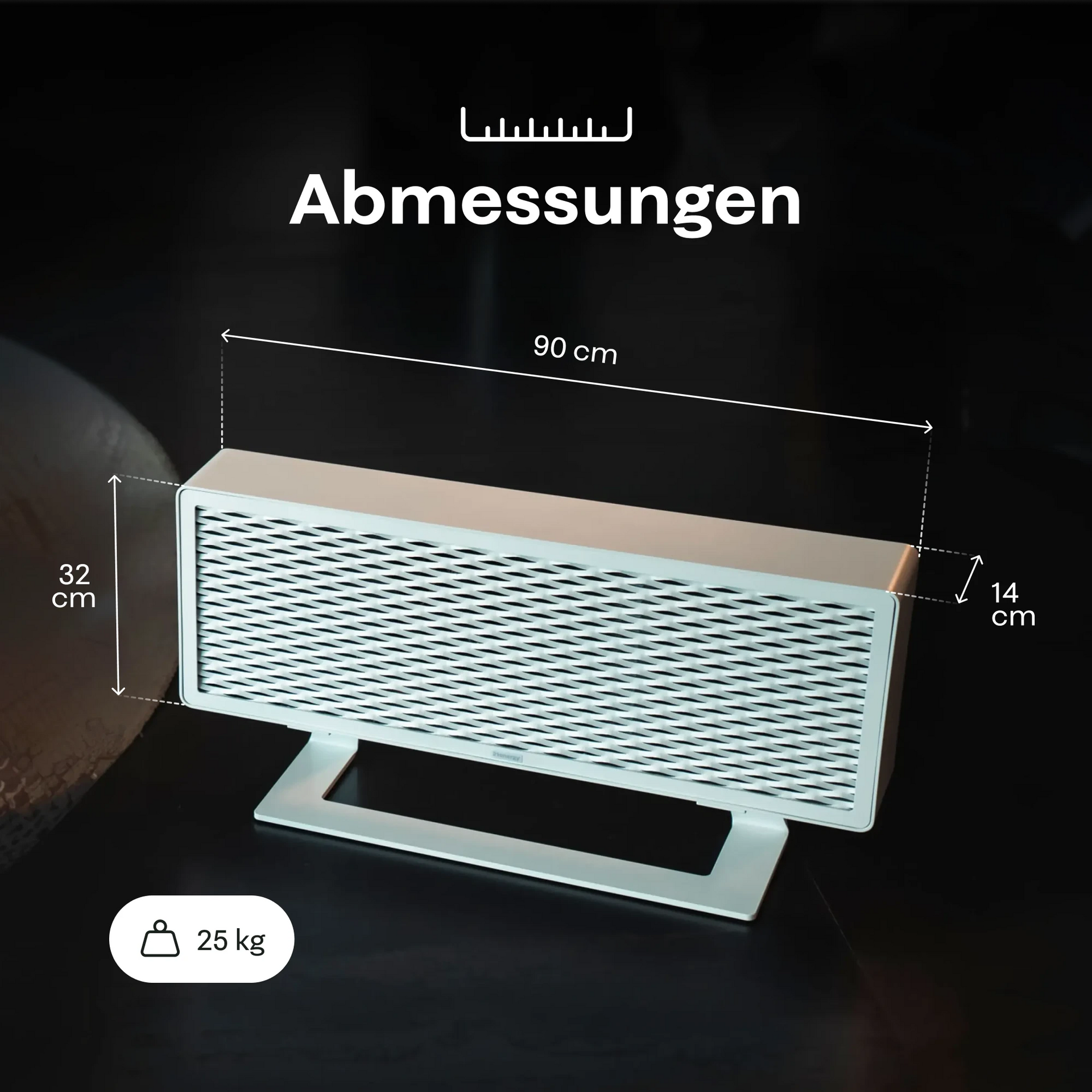 Ofen 2 – Maßdiagramm eines Produkts mit beschrifteten Abmessungen auf dunklem Hintergrund.