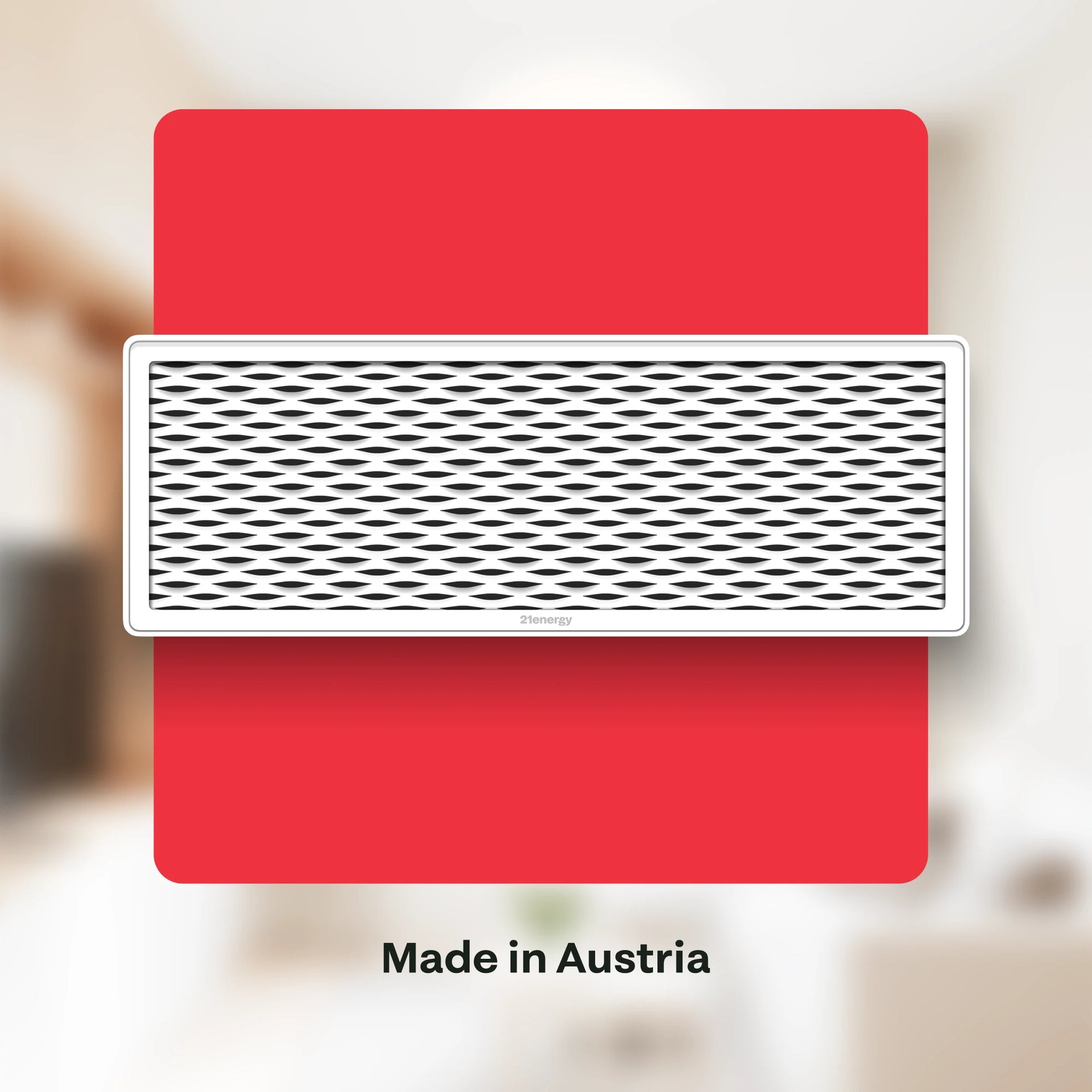 Ofen 2 auf rotem Hintergrund mit dem Text „Made in Austria“.