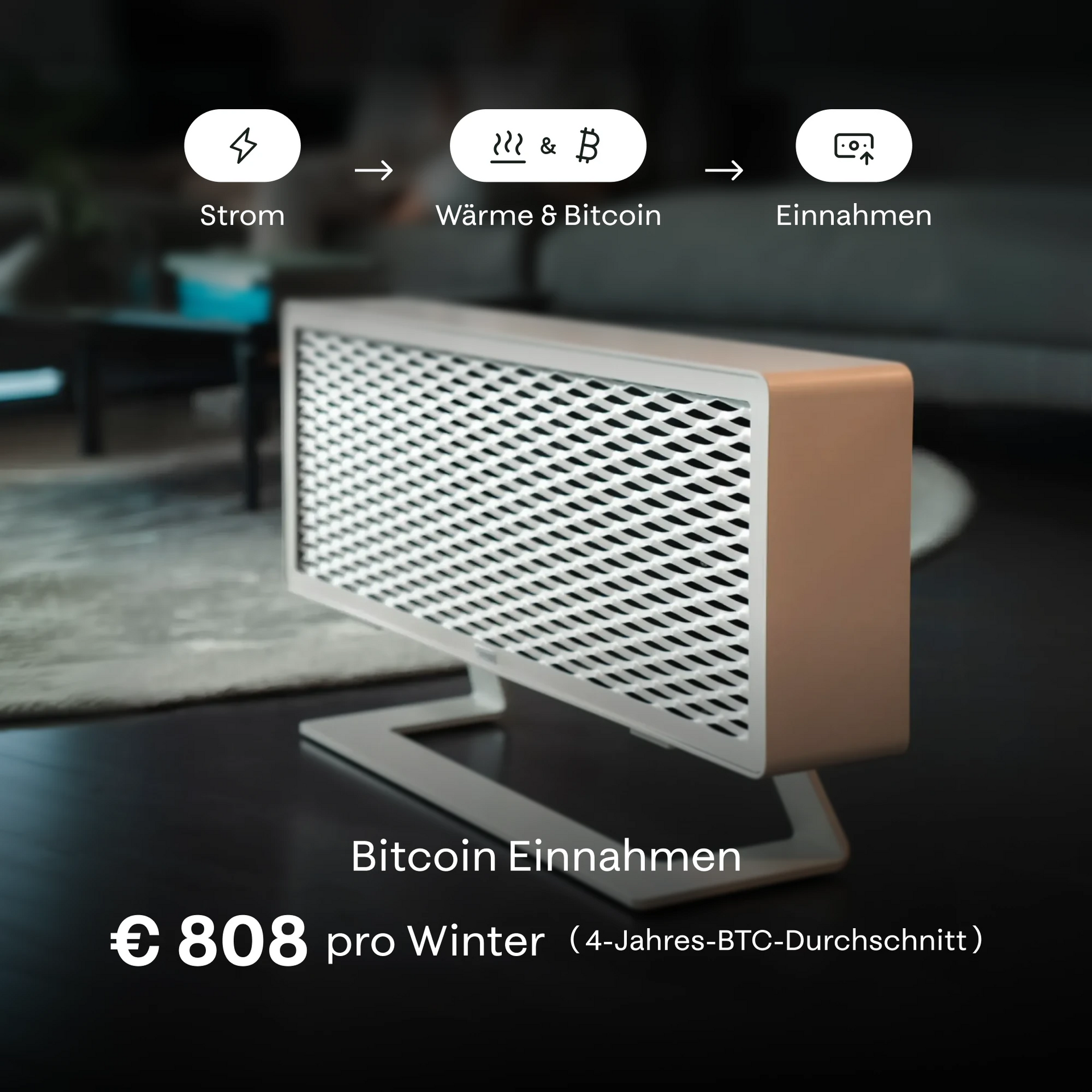 Ofen 2 Bitcoin-Heizgerät mit Text über Cashback auf Heizkosten in einer Wohnzimmerumgebung.