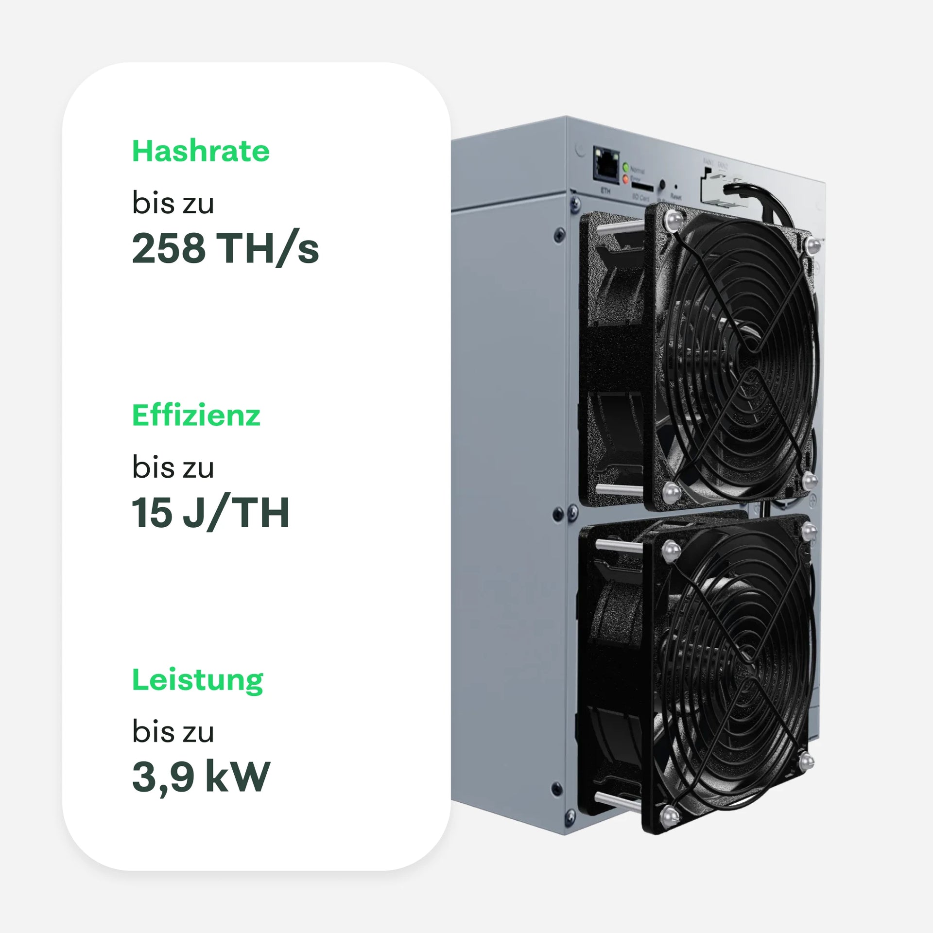 Bitdeer Sealminer Krypto-Miner mit zwei Lüftern, mit Angaben: Hashrate bis zu 228 TH/s, Effizienz bis zu 16,5 J/TH, Leistung bis zu 3,7 kW.