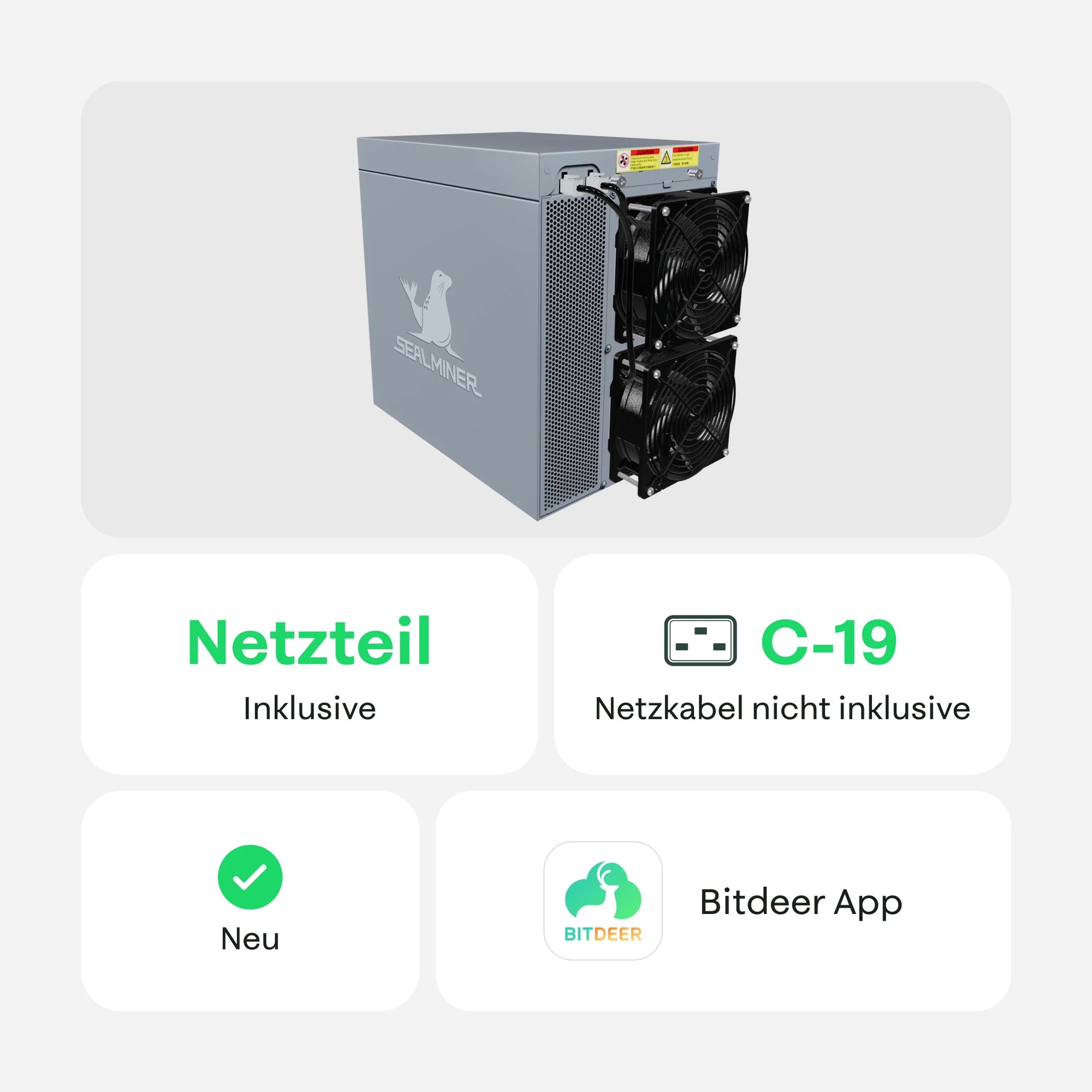 Bitdeer Sealminer Krypto-Miner mit zwei Lüftern; Netzteil inklusive, C-19 Anschluss (Netzkabel nicht inklusive), neu, kompatibel mit der Avalon Family App.