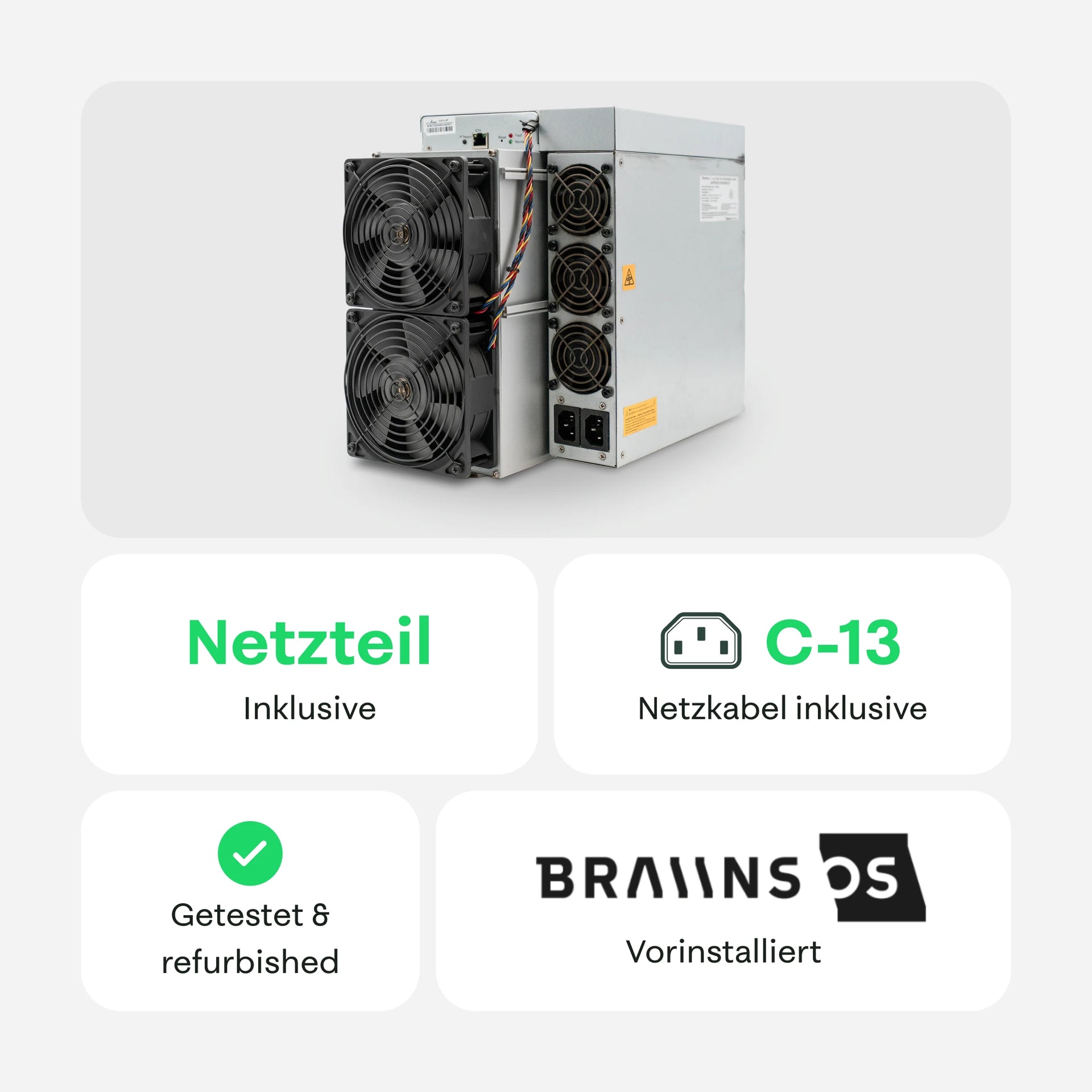 Bitmain Antminer Miner mit Netzteil und C13-Kabel, getestet & refurbished, mit vorinstalliertem Braiins OS – 21energy.