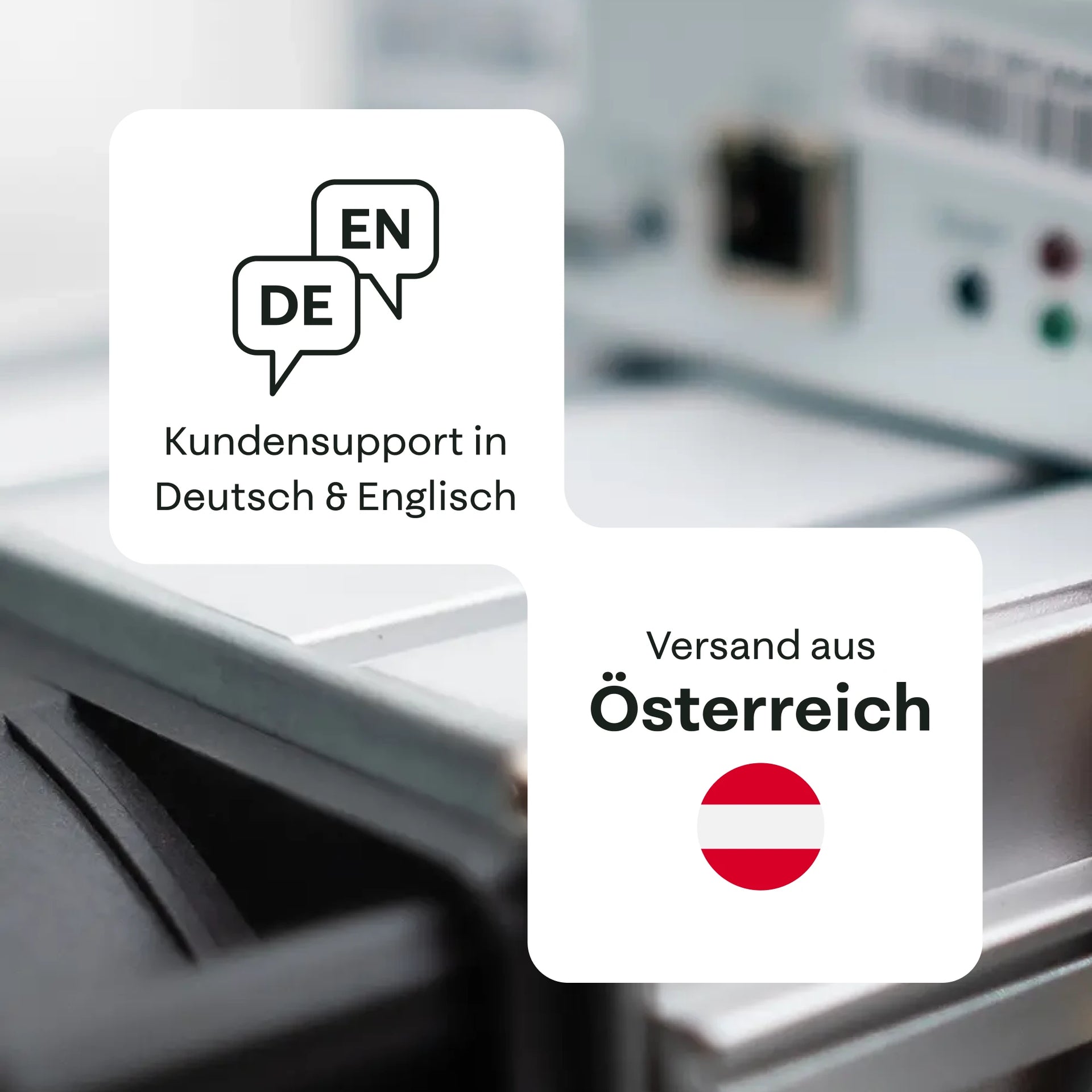 Bitmain Antminer S19 XP mit Hinweis auf Kundensupport in Deutsch und Englisch.