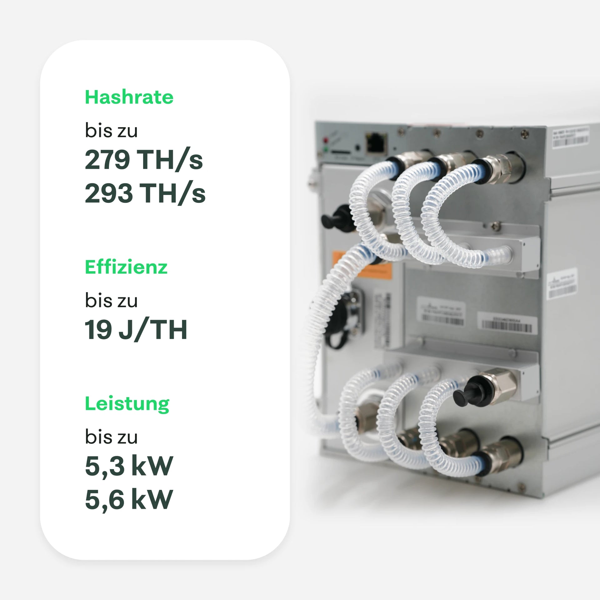 Bitmain Antminer S19 XP Hydro rear view with liquid cooling tubes – hashrate up to 293 TH/s, efficiency up to 19 J/TH, power up to 5.5 kW – 21energy