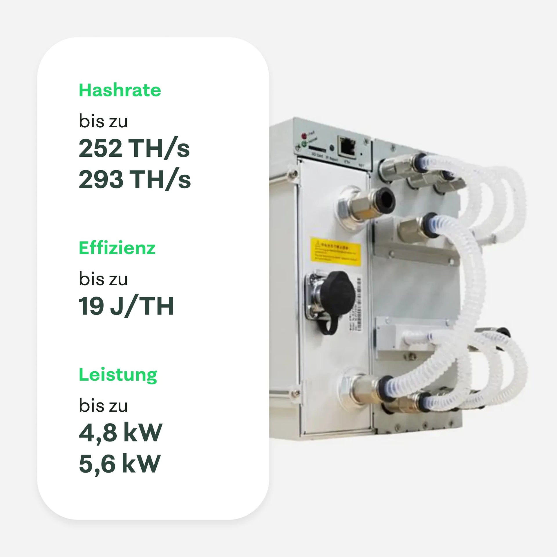 Bitmain Antminer S19 XP Hydro rear view with liquid cooling tubes – hashrate up to 293 TH/s, efficiency up to 19 J/TH, power up to 5.5 kW – 21energy