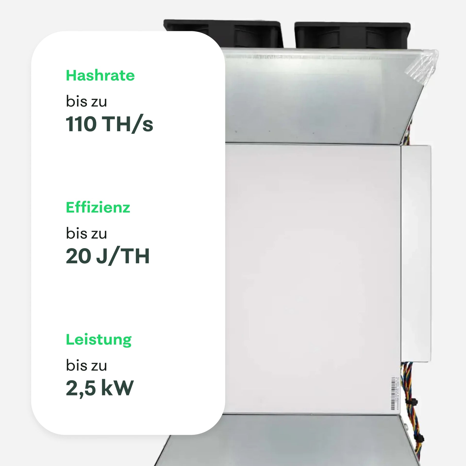 Seitenansicht des Bitmain Antminer S19k Pro mit Leistungsdaten: bis zu 130 TH/s Hashrate, 18 J/TH Effizienz und 2,7 kW Stromverbrauch – 21energy.