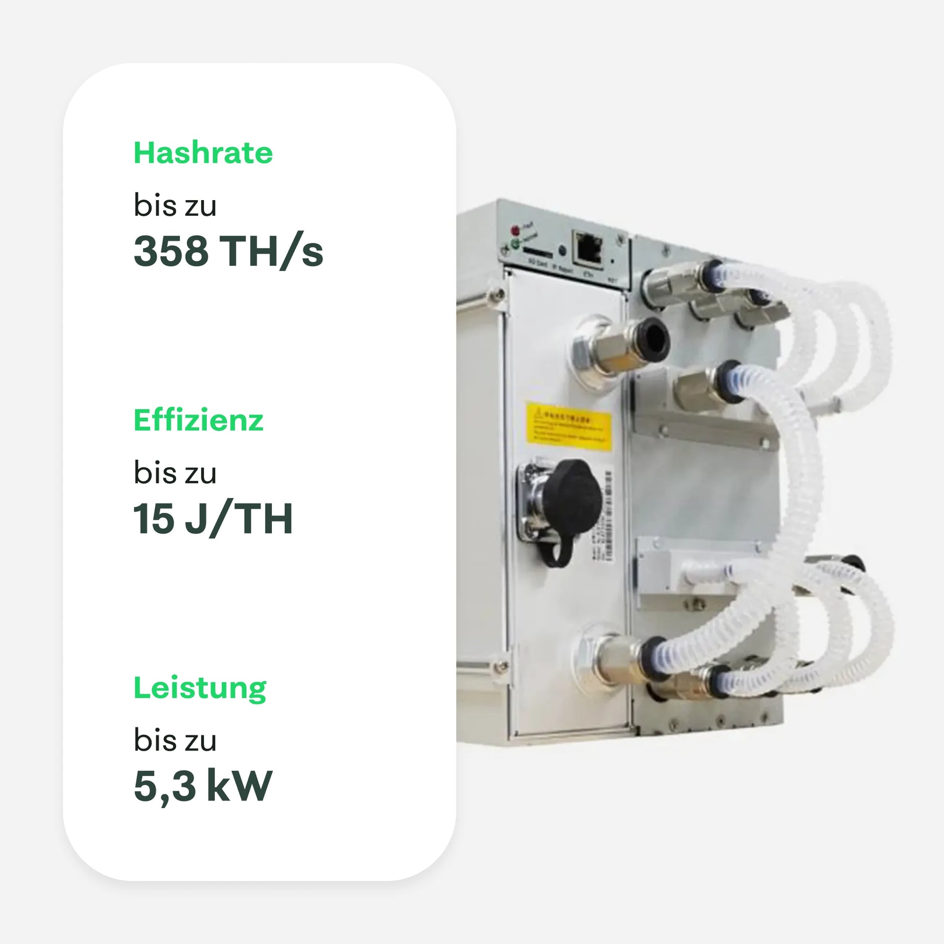 Nahaufnahme eines Bitmain Antminer S21+ Hydro mit Flüssigkeitskühlanschlüssen, mit eingeblendeten Spezifikationen: Hashrate bis zu 358 TH/s, Effizienz bis zu 15 J/TH und Leistung bis zu 5,3 kW – 21energy.