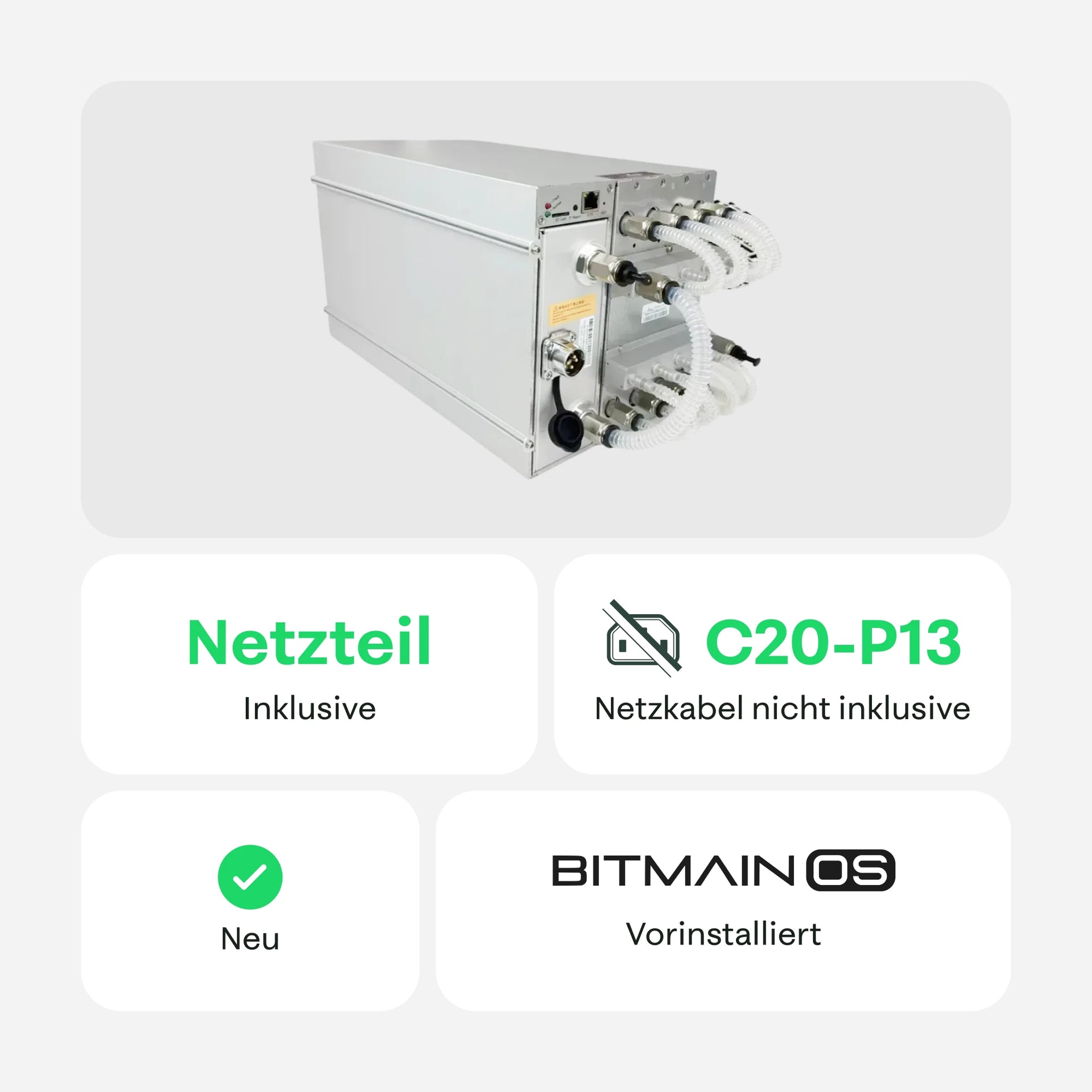 Rückansicht eines Bitmain Antminer S21+ Hydro mit Flüssigkeitskühlanschlüssen, mit Hinweisen: Netzteil inklusive, C20-P13-Kabel nicht inklusive, neu und Bitmain OS vorinstalliert – 21energy.