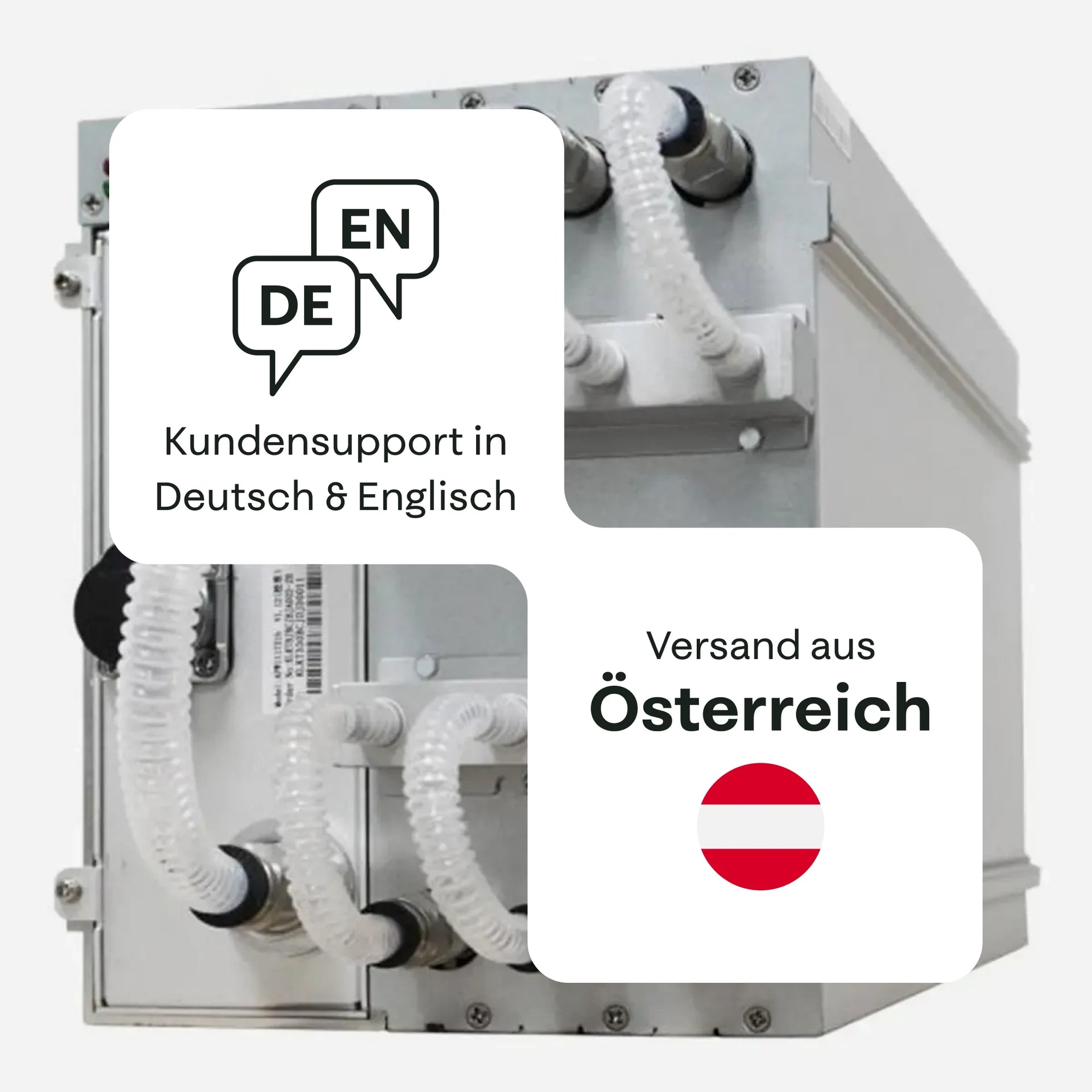 Nahaufnahme eines Bitmain Antminer S21+ Hydro Mininggeräts mit Flüssigkeitskühl-Schläuchen und Gehäuse, mit Hinweisen auf Kundensupport auf Deutsch und Englisch sowie Versand aus Österreich – 21energy.