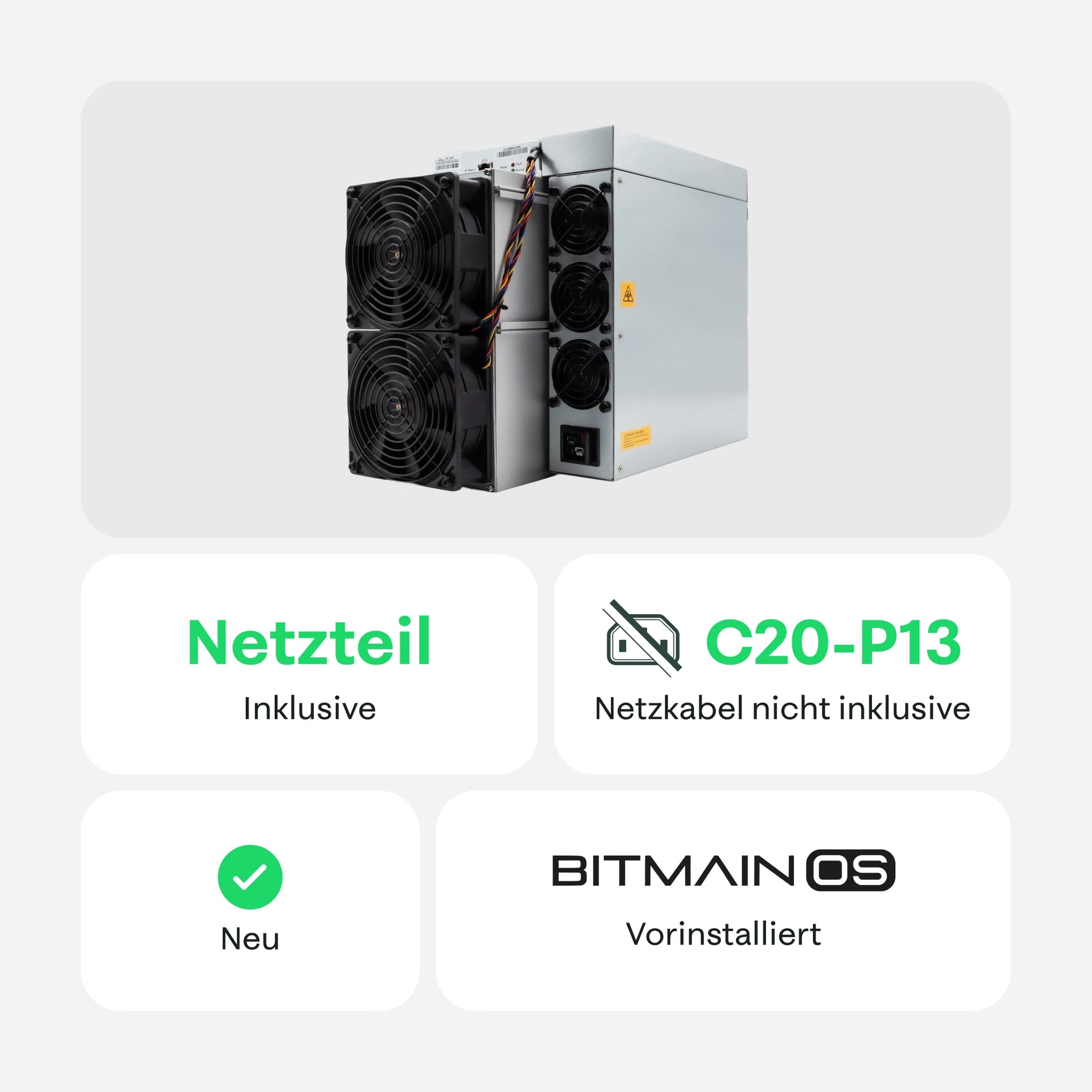 Front- und Seitenansicht eines Bitmain Antminer S21 XP mit mehreren Lüftern, mit Hinweisen: Netzteil inklusive, C20-P13-Kabel nicht inklusive, neu und Bitmain OS vorinstalliert – 21energy.