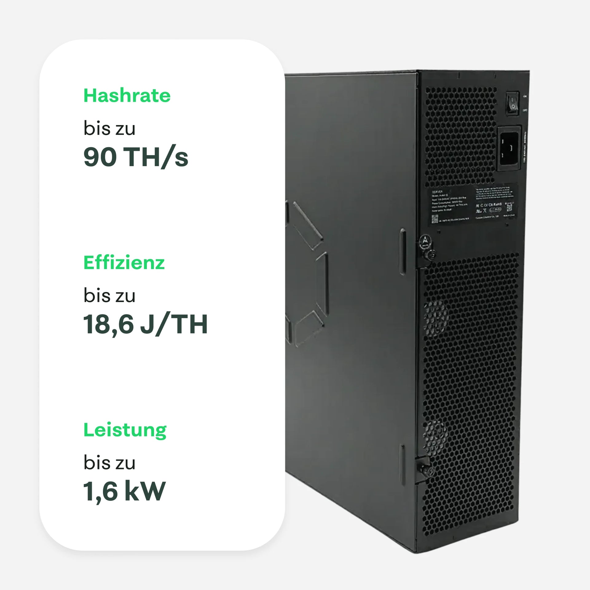Seitenansicht eines Canaan-Avalon-Mininggeräts mit Lüftungsgitter und Stromanschluss, mit eingeblendeten Spezifikationen: Hashrate bis zu 90 TH/s, Effizienz bis zu 18,6 J/TH und Leistung bis zu 1,6 kW.