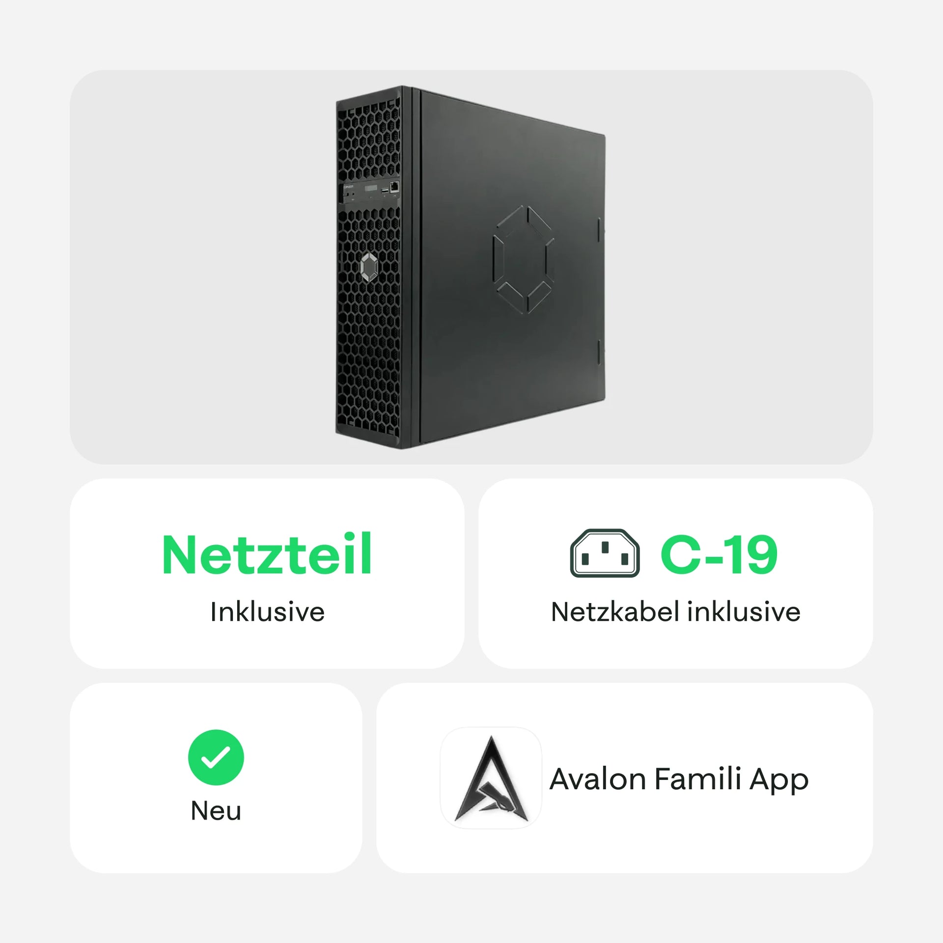 Front- und Seitenansicht eines Canaan-Avalon-Mininggeräts mit enthaltenem Netzteil und C19-Stromkabel, als neu gekennzeichnet und kompatibel mit der Avalon-Family-App.