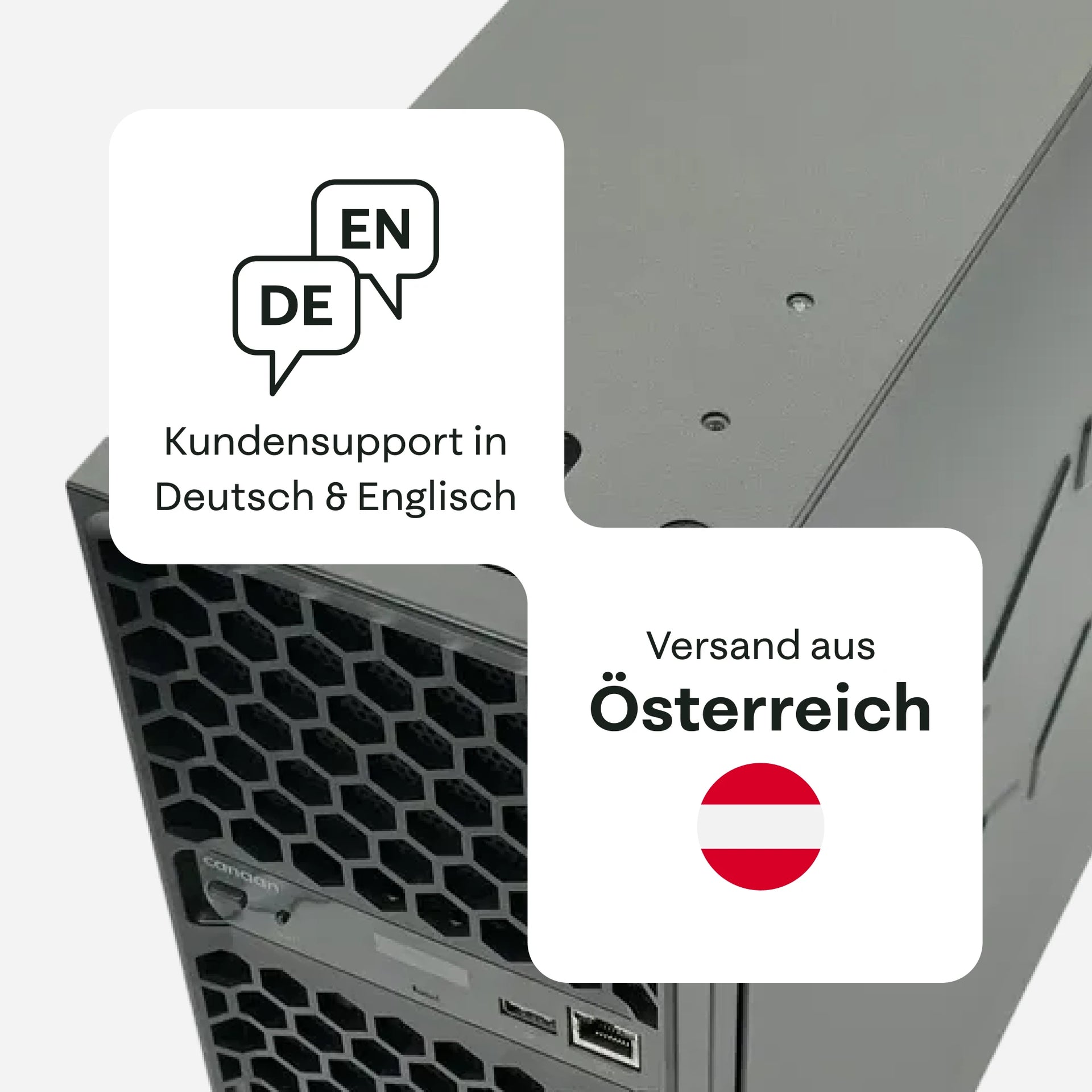 Rückansicht eines Canaan-Avalon-Mininggeräts mit Lüftungsgitter und Anschlüssen, überlagert mit Hinweisen auf Kundensupport auf Deutsch und Englisch sowie Versand aus Österreich.