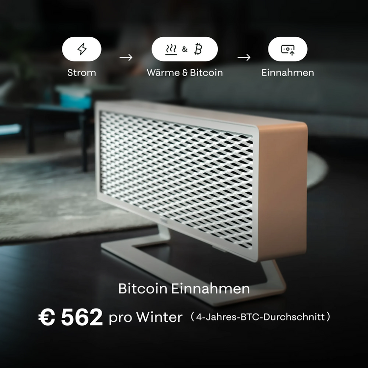 Ofen 2 – Moderner Bitcoin-Heimheizer mit Text über Kryptowährungs-Einnahmen in einer Wohnzimmerumgebung