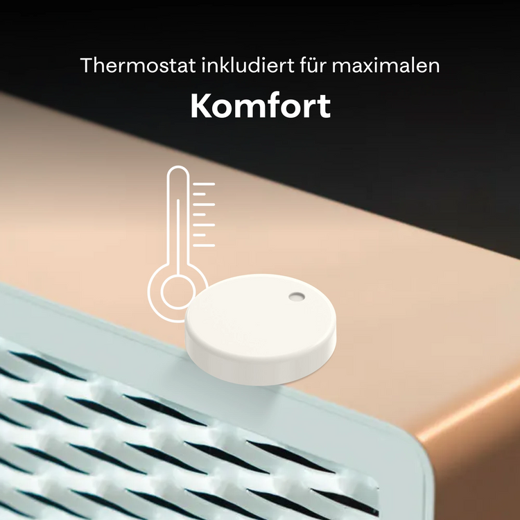 Ofen 2 – mit einem Thermostat und deutschem Text, der anzeigt, dass ein Thermostat für maximalen Komfort enthalten ist.