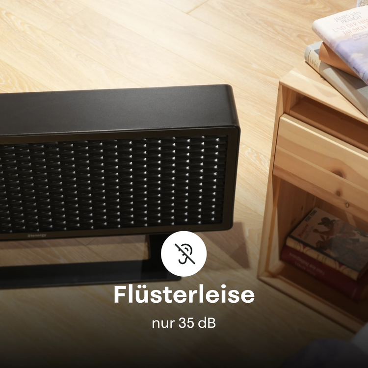 Ofen 2 in Schwarz auf Holzboden mit dem Text „Flüsterleise“, der den leisen Betrieb anzeigt.