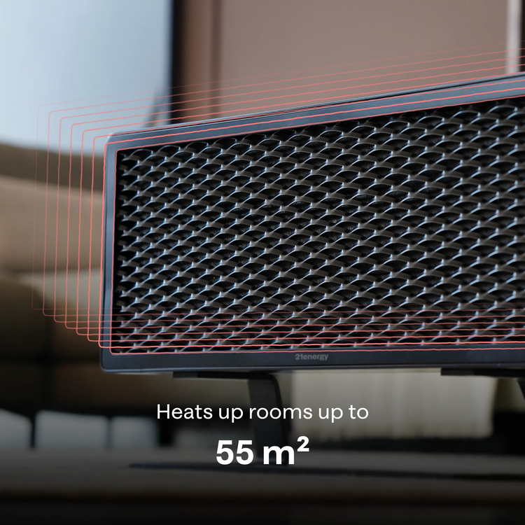 Bitcoin Heater Ofen 2 with text indicating it heats up rooms up to 55 m²