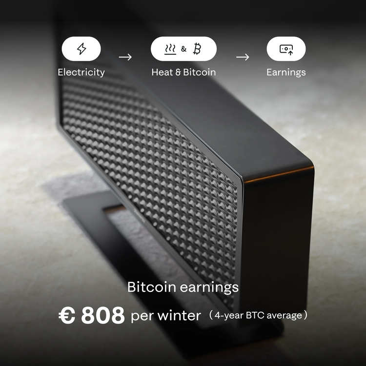 Bitcoin Heating device Ofen 2 black variant with text indicating electricity usage, heat output, and cashback system on a dark background.