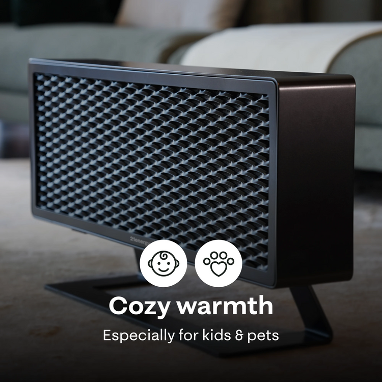 Ofen 2 bitcoin heater with text 'Cozy warmth Especially for kids & pets' on a blurred background