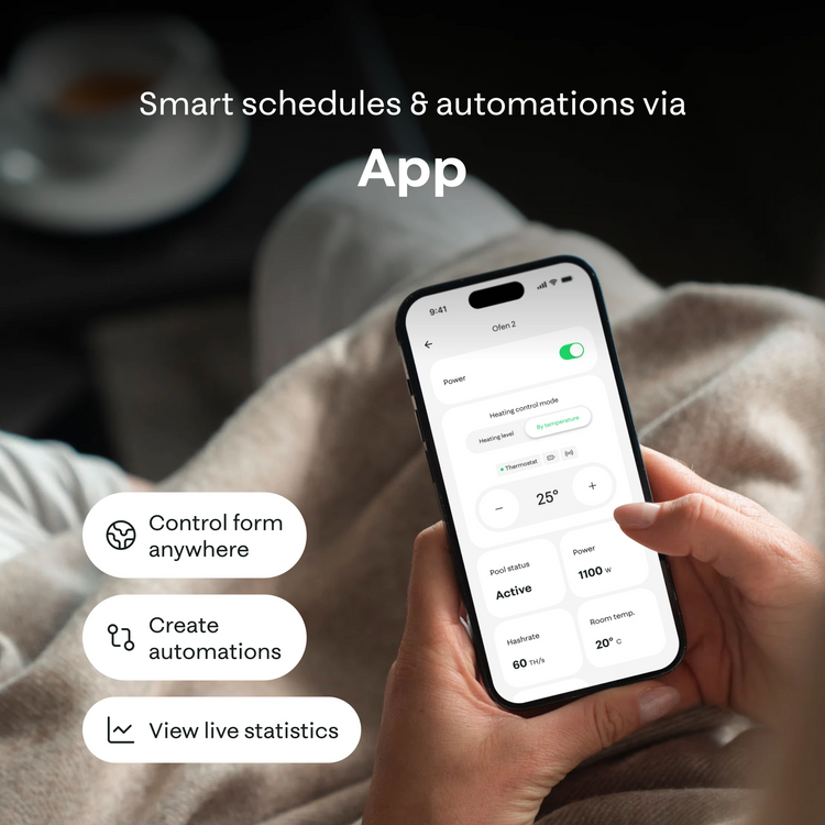 Person holding a smartphone with app interface displaying smart schedules and automations for Ofen 2, with a blurred background.