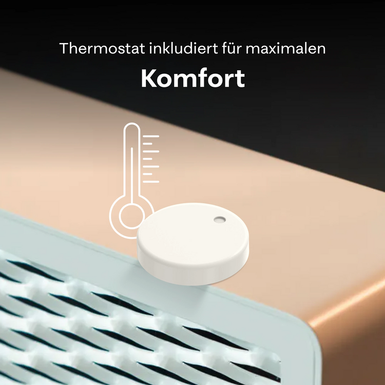 Ofen 2 – Heizkörper mit einem Thermostat, beschriftet mit „Thermostat inkludiert für maximalen Komfort“, auf schwarzem Hintergrund.