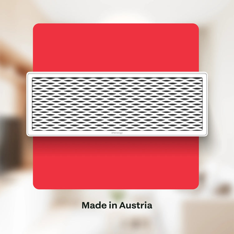 Ofen 2 in weißer Ausführung auf rotem Hintergrund mit dem Text „Made in Austria“.