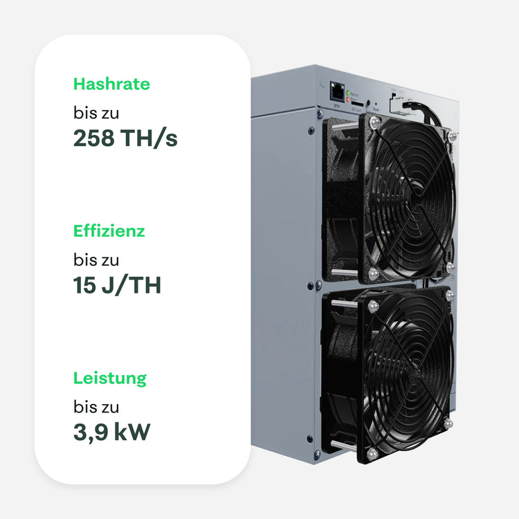 Bitdeer Sealminer Krypto-Miner mit zwei Lüftern, mit Angaben: Hashrate bis zu 228 TH/s, Effizienz bis zu 16,5 J/TH, Leistung bis zu 3,7 kW.