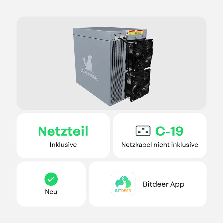 Bitdeer Sealminer Krypto-Miner mit zwei Lüftern; Netzteil inklusive, C-19 Anschluss (Netzkabel nicht inklusive), neu, kompatibel mit der Avalon Family App.