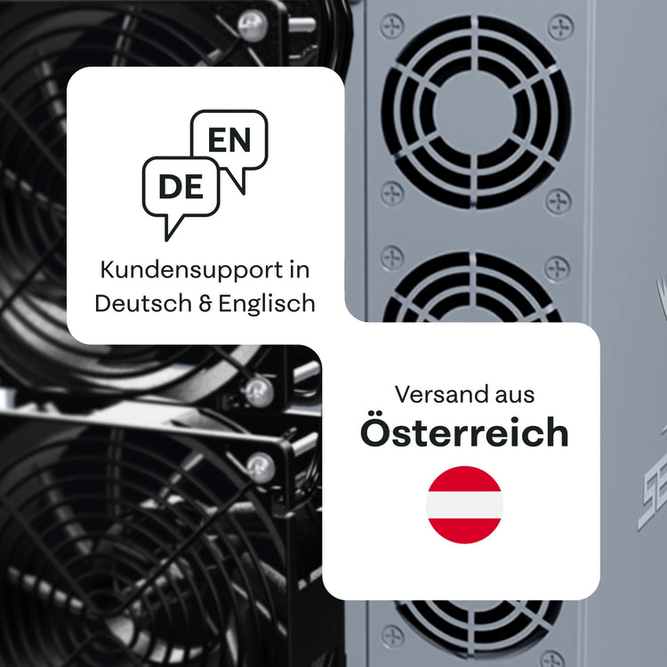 Bitdeer Sealminer with text indicating customer support in German and English, and shipping from Austria.