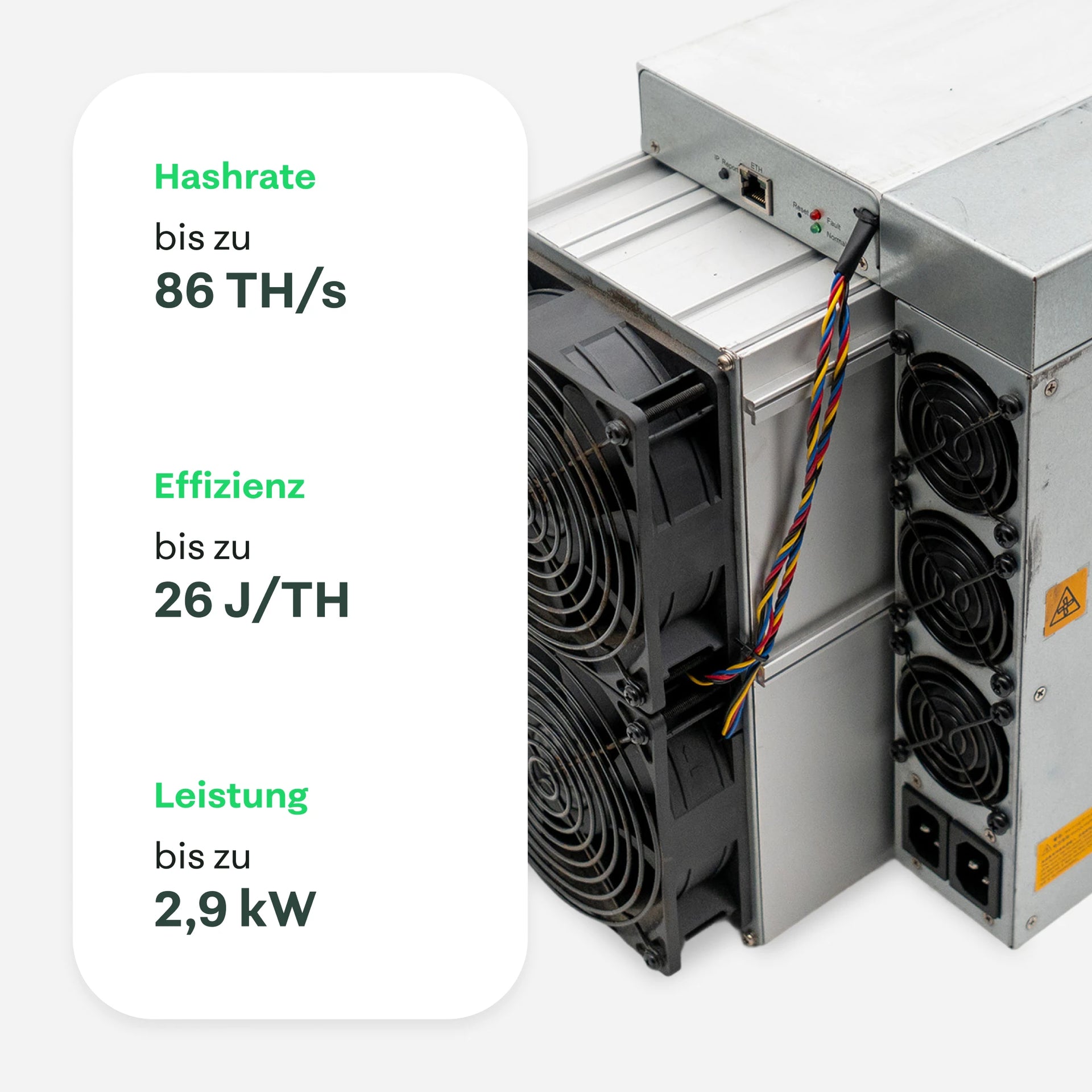 Bitmain Antminer S19 86TH Bitcoin Miner mit 86 TH/s Hashrate, 26 J/TH Effizienz und 2,9 kW Leistung – 21energy.