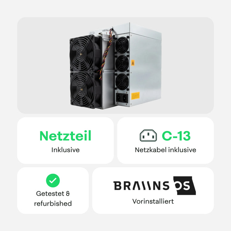 Bitmain Antminer S19 XP mit Netzteil und C13-Kabel, getestet und generalüberholt, Braiins OS vorinstalliert.