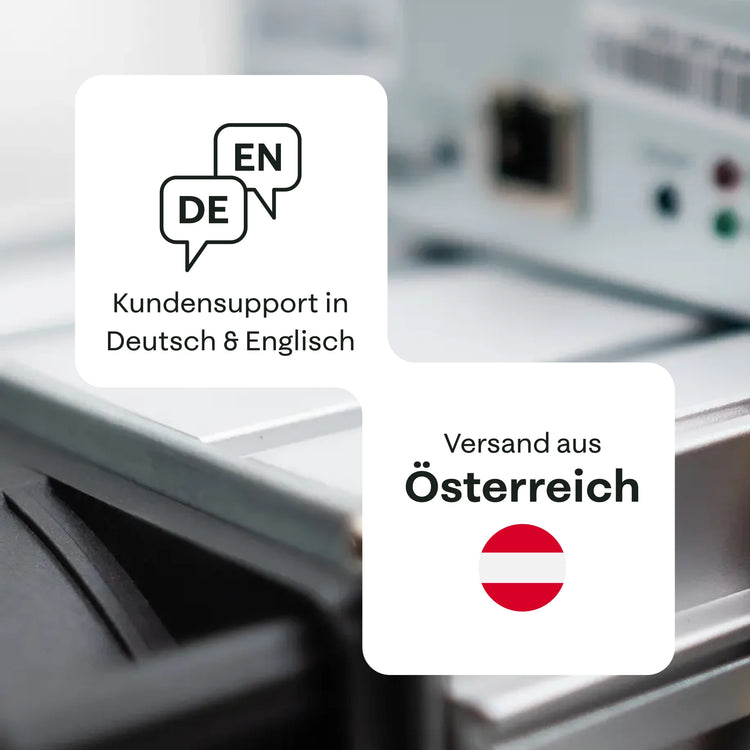 Bitmain Antminer S19 XP mit Hinweis auf Kundensupport in Deutsch und Englisch.