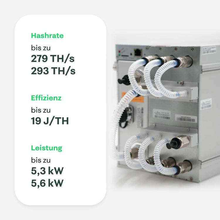 Bitmain Antminer S19 XP Hydro rear view with liquid cooling tubes – hashrate up to 293 TH/s, efficiency up to 19 J/TH, power up to 5.5 kW – 21energy