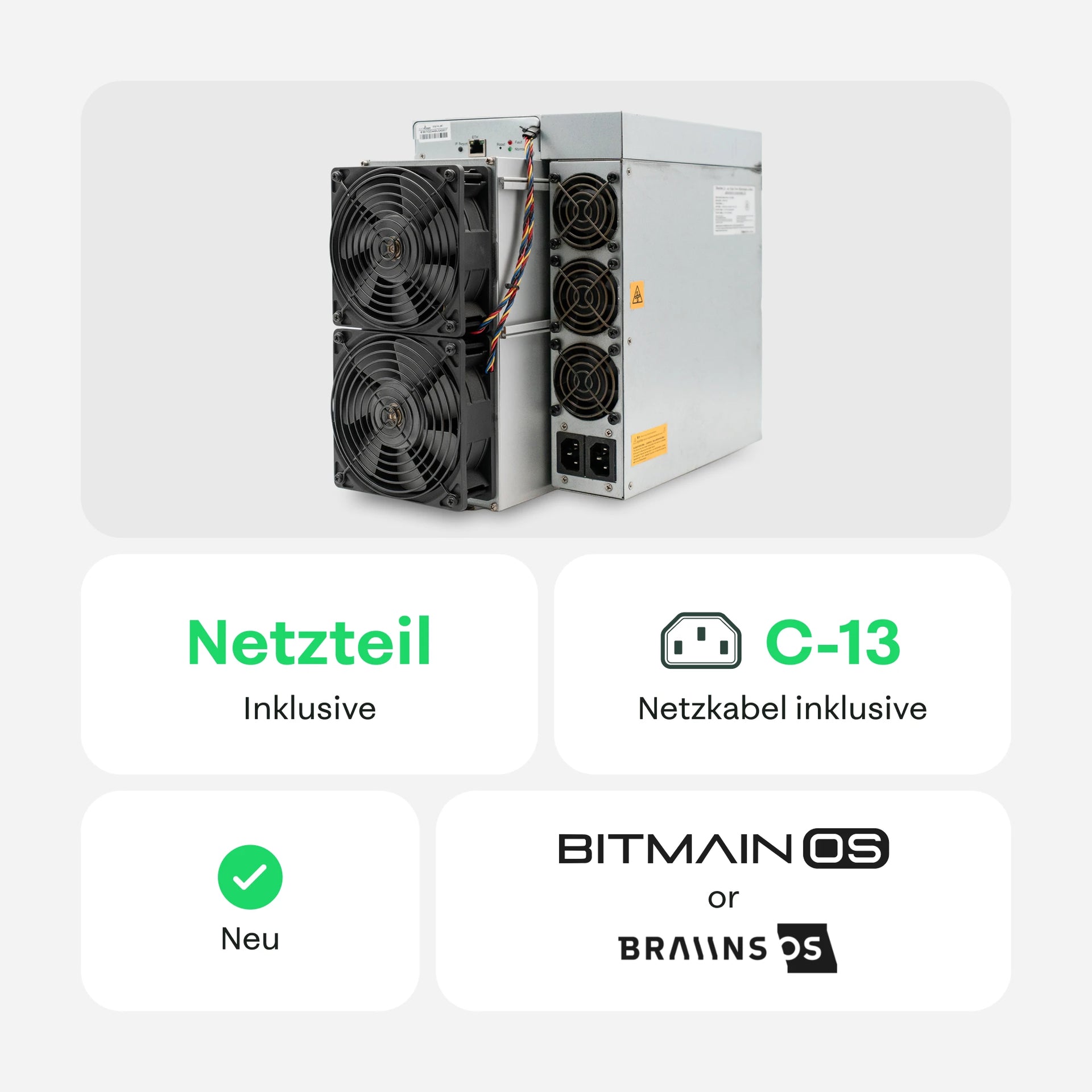Vorderansicht eines Bitmain Antminer Miners mit zwei Lüftern und seitlichen Kühlmodulen, mit Hinweisen: Netzteil inklusive, C13-Kabel inklusive, neu und Bitmain OS oder Braiins OS installiert – 21energy.