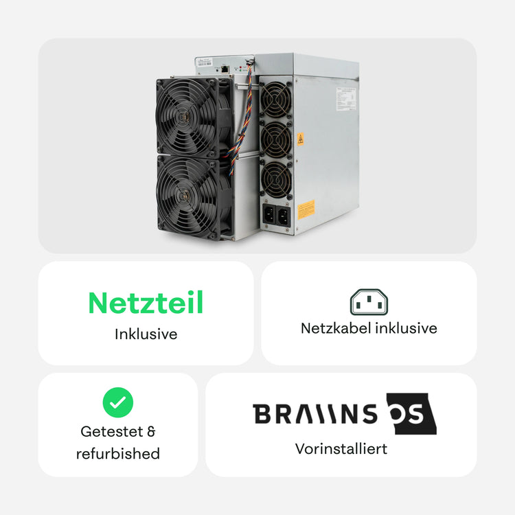 Vorderansicht eines Bitmain Antminer Miners mit zwei Lüftern und seitlichen Kühlmodulen, mit Hinweisen: Netzteil inklusive, C13-Kabel inklusive, neu und Bitmain OS oder Braiins OS installiert – 21energy.