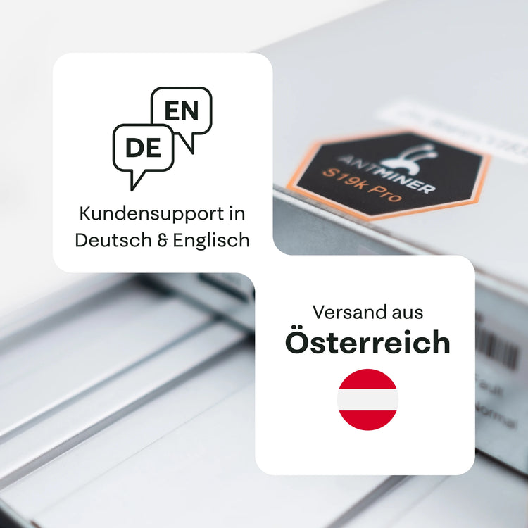Nahaufnahme des Bitmain Antminer S19k Pro Gehäuses mit Label, mit Hinweis auf Support auf Deutsch & Englisch sowie Versand aus Österreich – 21energy.