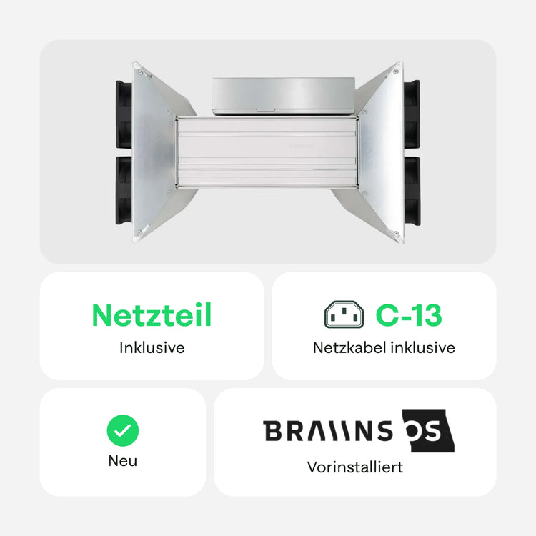 Draufsicht des Bitmain Antminer S19k Pro mit enthaltenem Netzteil, C13-Netzkabel und vorinstalliertem Braiins OS – 21energy.
