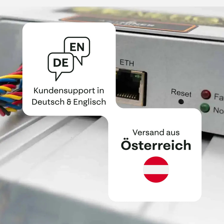 Close-up of Bitmain Antminer S19j Pro network port and status LEDs with overlay icons showing German & English customer support and shipping from Austria – 21energy.