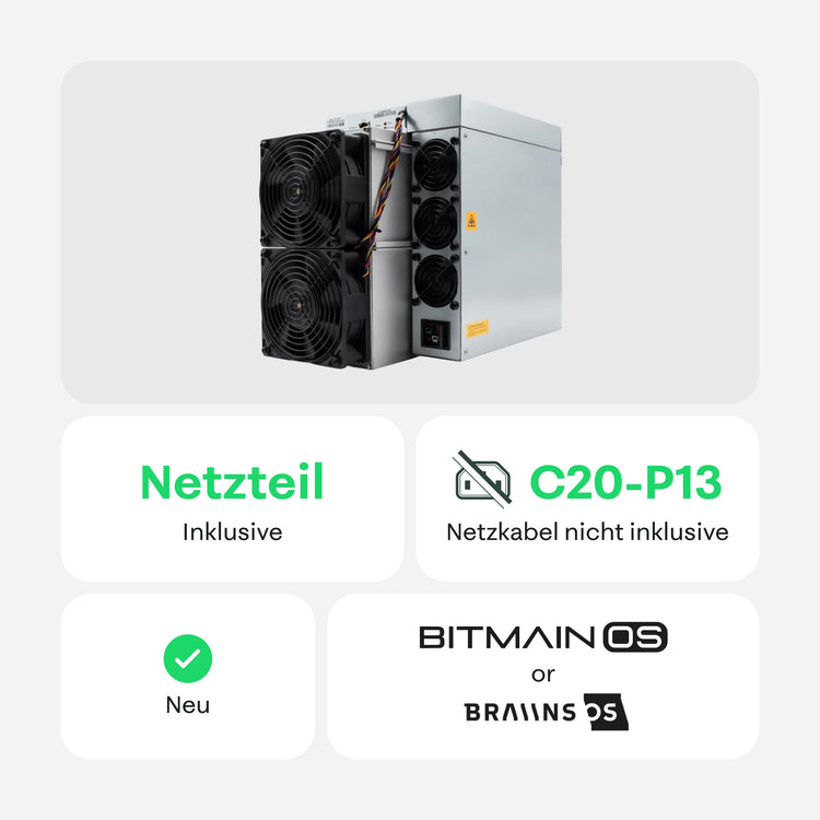 Krypto-Miner mit mehreren Lüftern; Netzteil inklusive, C20–P13 Netzkabel inklusive, neu, unterstützt Bitmain OS oder Braiins OS.