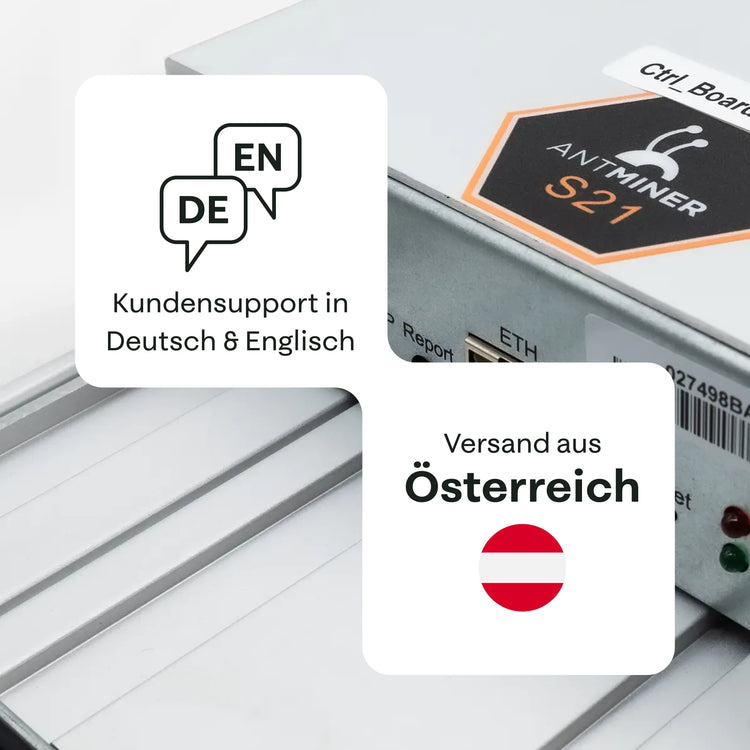 Nahaufnahme eines Bitmain Antminer S21 Mininggeräts mit Oberseite und Anschlüssen, mit Hinweisen auf Kundensupport auf Deutsch und Englisch sowie Versand aus Österreich – 21energy.