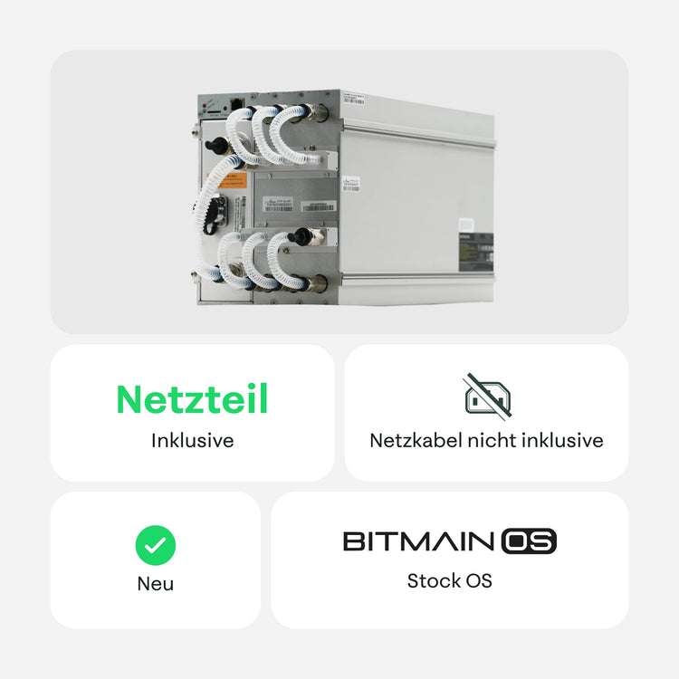 Rückansicht eines Bitmain Antminer S21+ Hydro mit Flüssigkeitskühlanschlüssen, mit Hinweisen: Netzteil inklusive, C20-P13-Kabel nicht inklusive, neu und Bitmain OS vorinstalliert – 21energy.