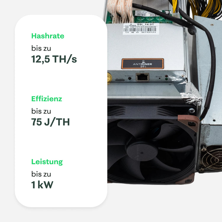 Bitmain Antminer S9 Silent Miner mit bis zu 12,5 TH/s Hashrate, bis zu 75 J/TH Effizienz und bis zu 1 kW Leistungsaufnahme.