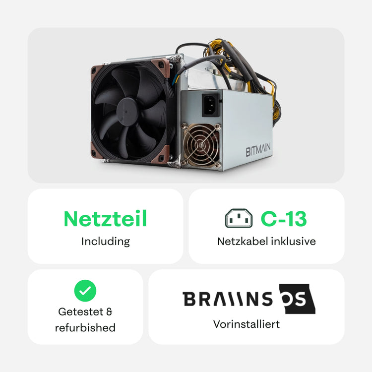 Bitmain Antminer S9 Silent von 21Energy, Netzteil und C13-Kabel inklusive, getestet und refurbished, BraiinsOS vorinstalliert.