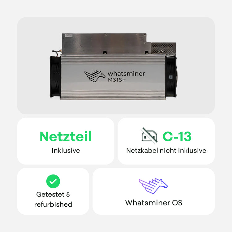 
Frontansicht eines MicroBT WhatsMiner M31S+ Mininggeräts mit Hinweisen: Netzteil inklusive, C13-Kabel nicht inklusive, getestet und generalüberholt sowie WhatsMiner OS – 21energy.
