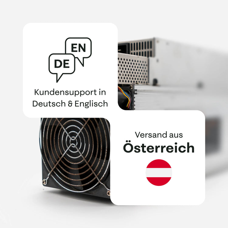 Nahaufnahme eines MicroBT WhatsMiner M31S mit Lüfter und Metallgehäuse, mit Hinweisen auf Kundensupport auf Deutsch und Englisch sowie Versand aus Österreich – 21energy.
