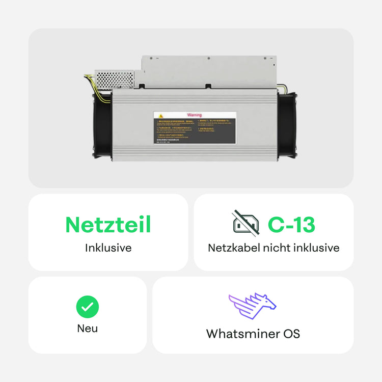 Rückansicht eines MicroBT WhatsMiner M60S Mininggeräts mit Hinweisen: Netzteil inklusive, C13-Netzkabel nicht inklusive, neu und WhatsMiner OS – 21energy.
