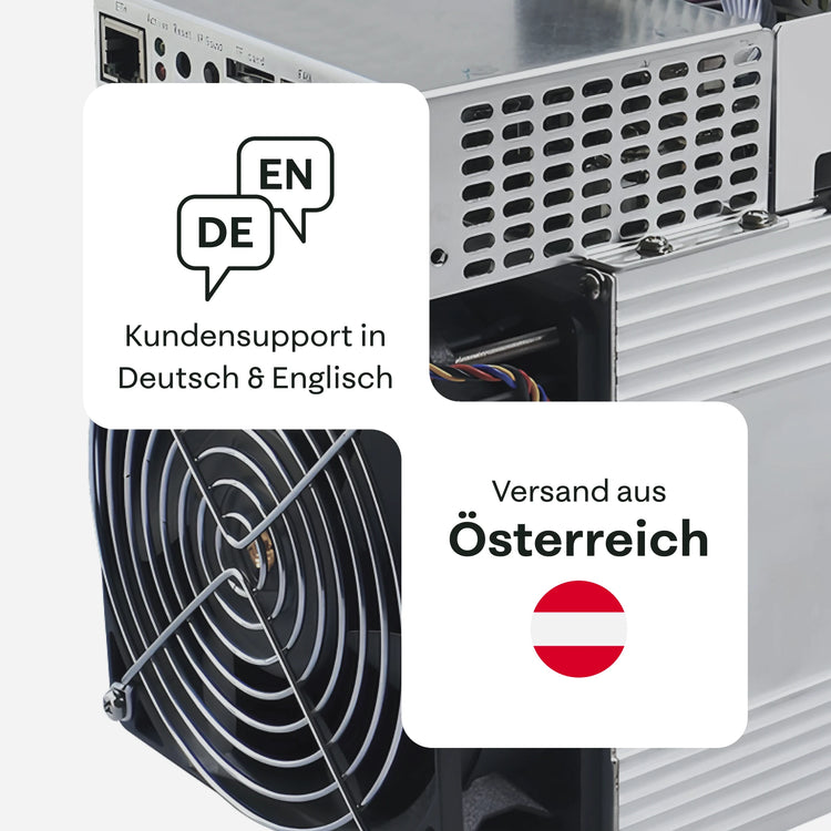 Nahaufnahme eines MicroBT WhatsMiner M60S Mininggeräts mit Lüfter und Metallgehäuse, mit Hinweisen auf Kundensupport auf Deutsch und Englisch sowie Versand aus Österreich – 21energy.