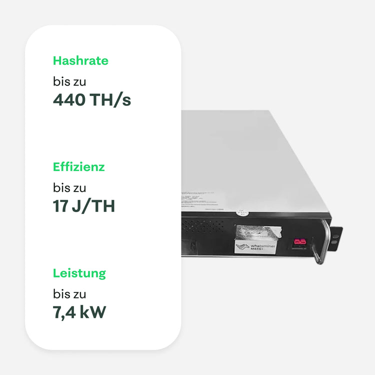 Vordere Eckansicht eines MicroBT WhatsMiner Mininggeräts mit eingeblendeten Spezifikationen: Hashrate bis zu 440 TH/s, Effizienz bis zu 17 J/TH und Leistung bis zu 7,4 kW – 21energy.